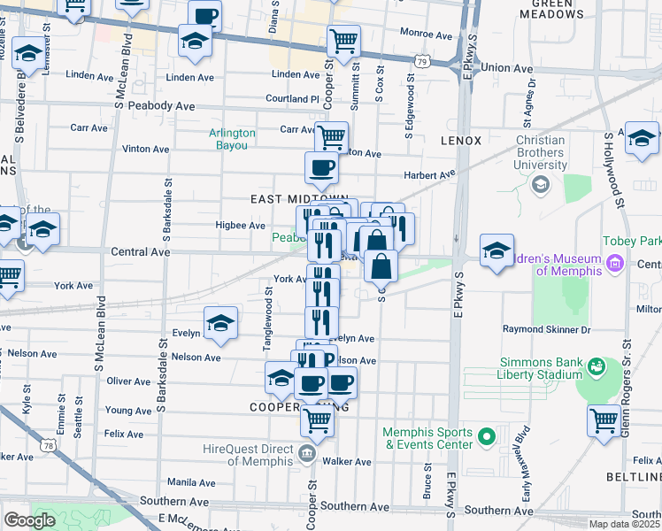 map of restaurants, bars, coffee shops, grocery stores, and more near 739 Cooper Street in Memphis