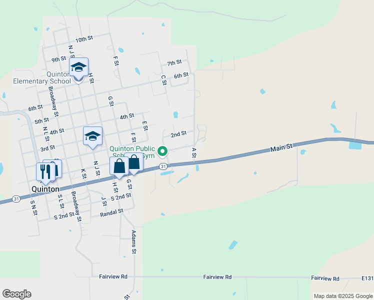 map of restaurants, bars, coffee shops, grocery stores, and more near 208 1st Street in Quinton