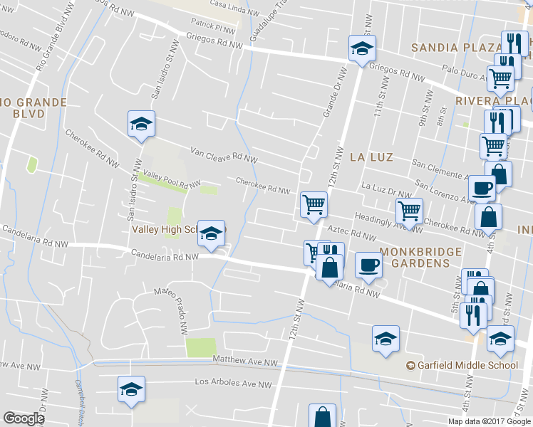 map of restaurants, bars, coffee shops, grocery stores, and more near 1408 Aztec Road Northwest in Albuquerque