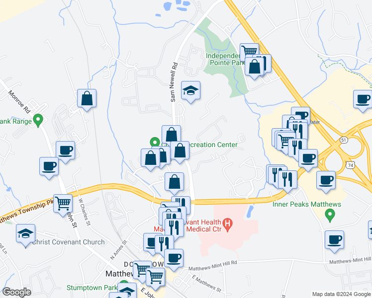 map of restaurants, bars, coffee shops, grocery stores, and more near 1301 Cameron Matthews Drive in Matthews
