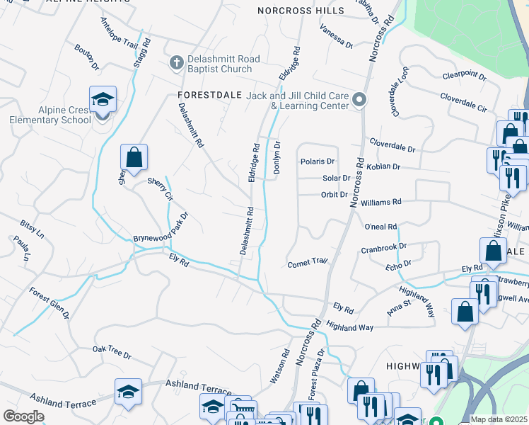 map of restaurants, bars, coffee shops, grocery stores, and more near 575 Cranberry Way in Chattanooga