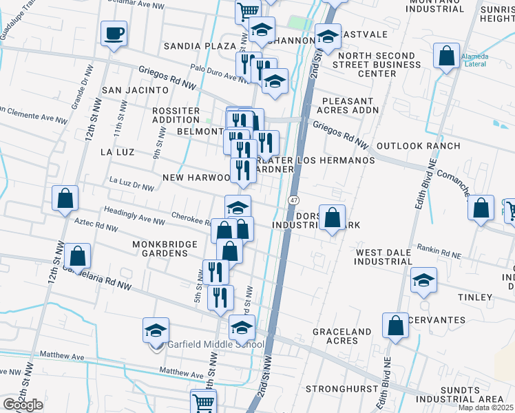 map of restaurants, bars, coffee shops, grocery stores, and more near 310 San Lorenzo Avenue Northwest in Albuquerque