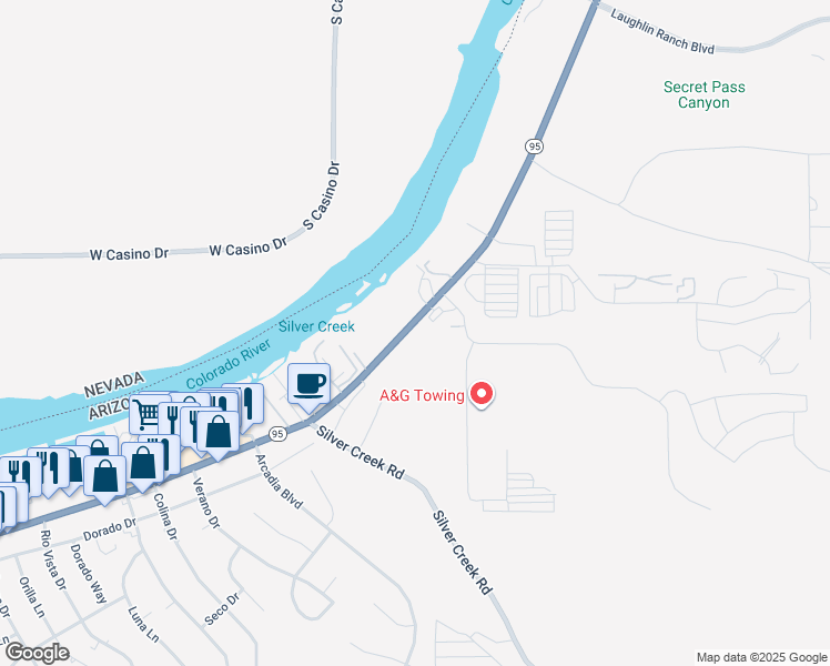 map of restaurants, bars, coffee shops, grocery stores, and more near 1632 Highway 95 in Bullhead City