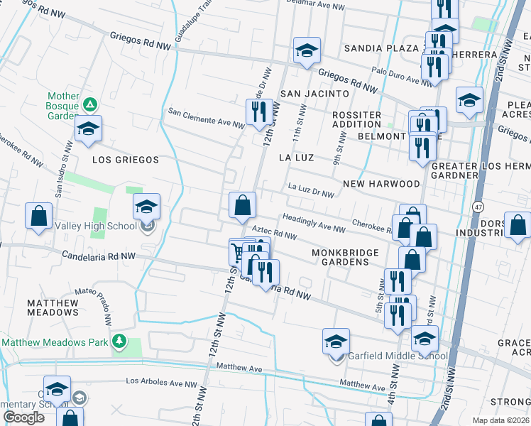 map of restaurants, bars, coffee shops, grocery stores, and more near 1125 Headingly Avenue Northwest in Albuquerque