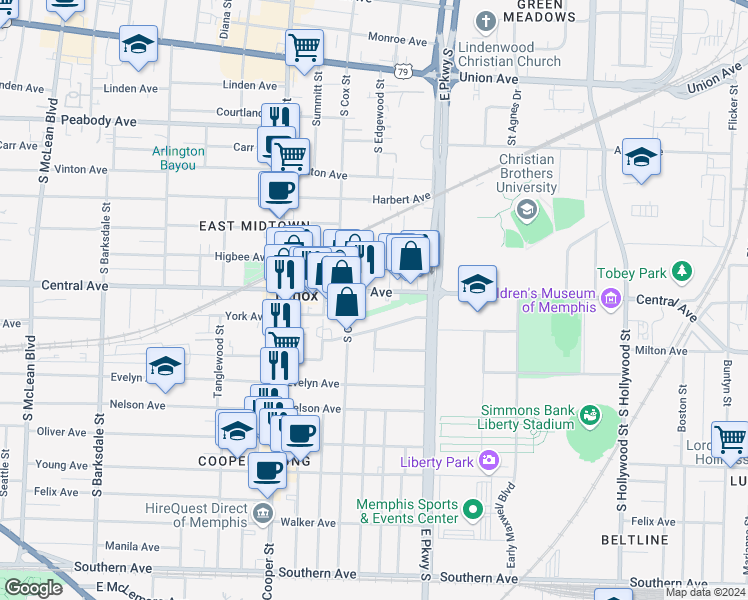 map of restaurants, bars, coffee shops, grocery stores, and more near 2259 Central Avenue in Memphis