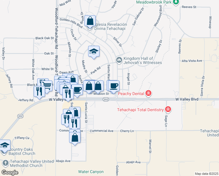 map of restaurants, bars, coffee shops, grocery stores, and more near 21100 Santa Maria Drive in Tehachapi