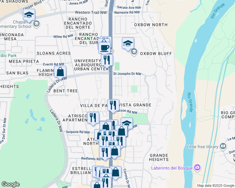 map of restaurants, bars, coffee shops, grocery stores, and more near 5428 Blue Jay Lane Northwest in Albuquerque