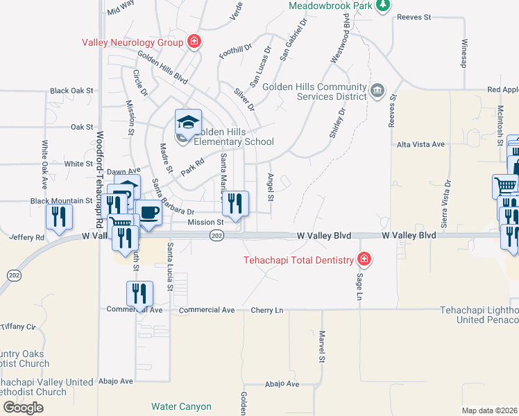 map of restaurants, bars, coffee shops, grocery stores, and more near 21101 Angel Street in Tehachapi