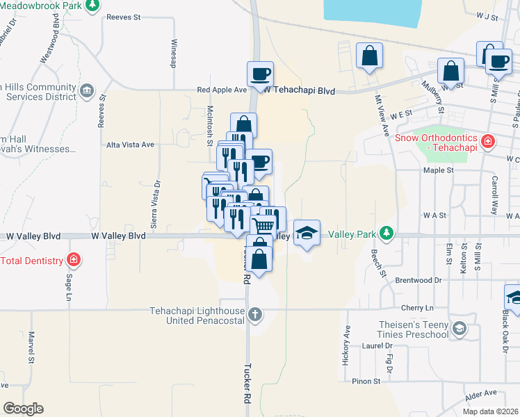 map of restaurants, bars, coffee shops, grocery stores, and more near 760 Tucker Road in Tehachapi