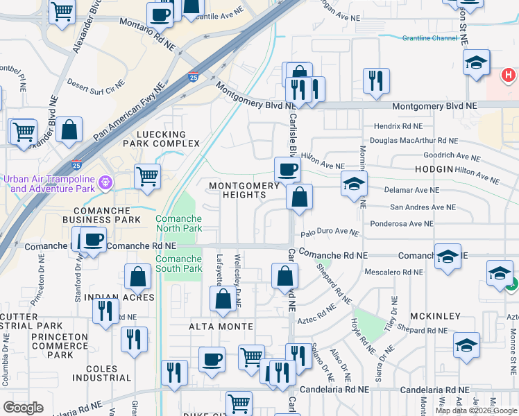 map of restaurants, bars, coffee shops, grocery stores, and more near 3909 Tulane Drive Northeast in Albuquerque