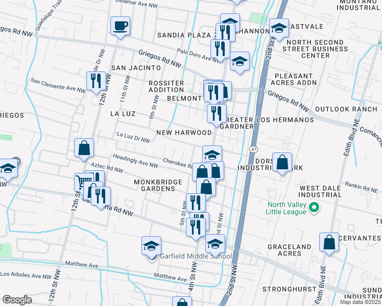 map of restaurants, bars, coffee shops, grocery stores, and more near 4121 5th Street Northwest in Albuquerque