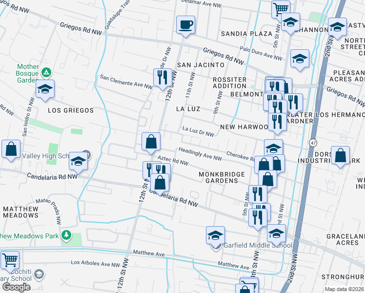 map of restaurants, bars, coffee shops, grocery stores, and more near 1007 Headingly Avenue Northwest in Albuquerque