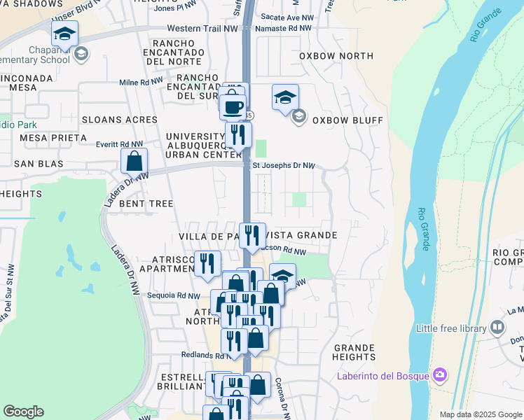map of restaurants, bars, coffee shops, grocery stores, and more near 5428 Blue Jay Lane Northwest in Albuquerque