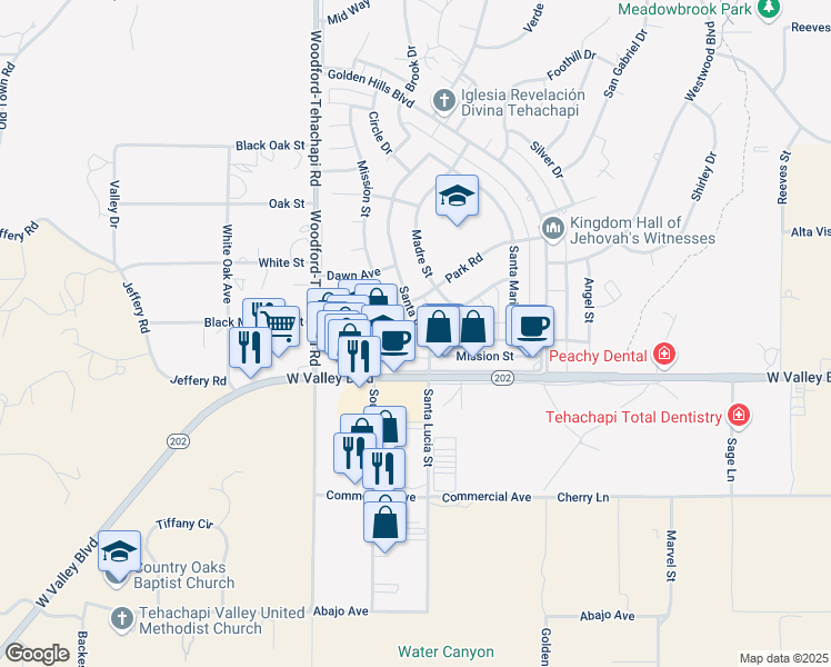 map of restaurants, bars, coffee shops, grocery stores, and more near 21101 Santa Barbara Drive in Tehachapi