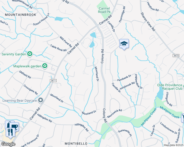 map of restaurants, bars, coffee shops, grocery stores, and more near 4155 Moorland Drive in Charlotte