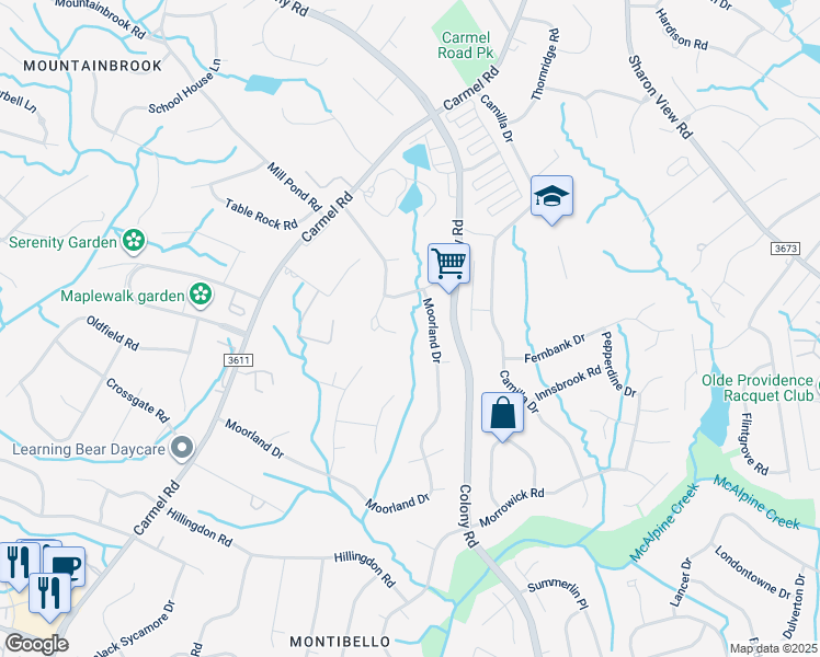 map of restaurants, bars, coffee shops, grocery stores, and more near 4155 Moorland Drive in Charlotte