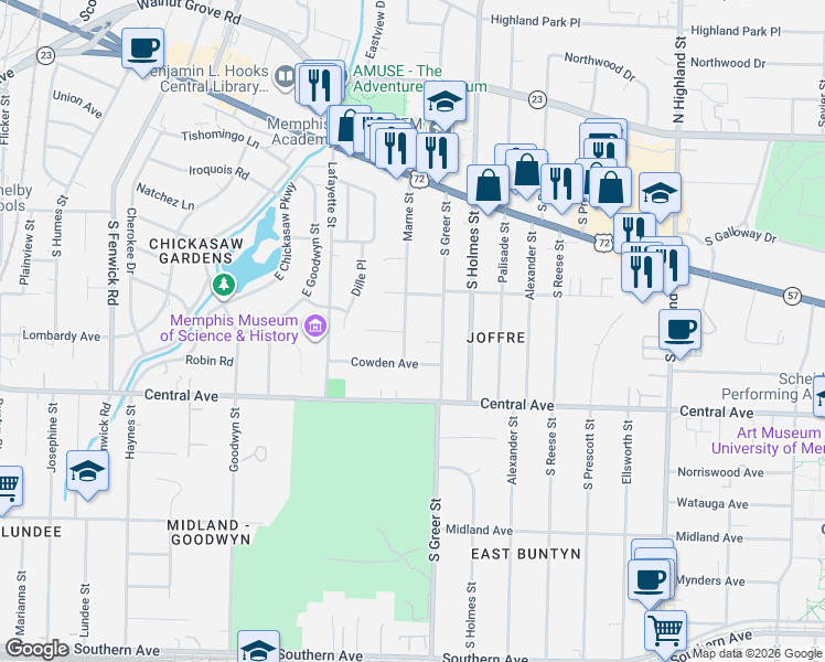 map of restaurants, bars, coffee shops, grocery stores, and more near 3208 Cloar Cove in Memphis
