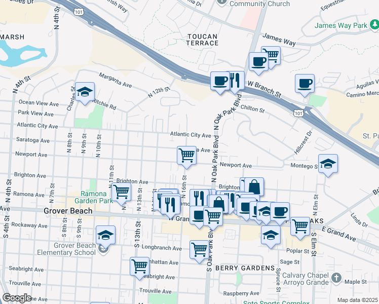 map of restaurants, bars, coffee shops, grocery stores, and more near 480 North 16th Street in Grover Beach