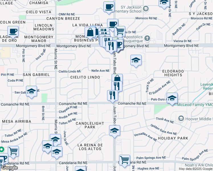 map of restaurants, bars, coffee shops, grocery stores, and more near 3818 Capistrano Court Northeast in Albuquerque