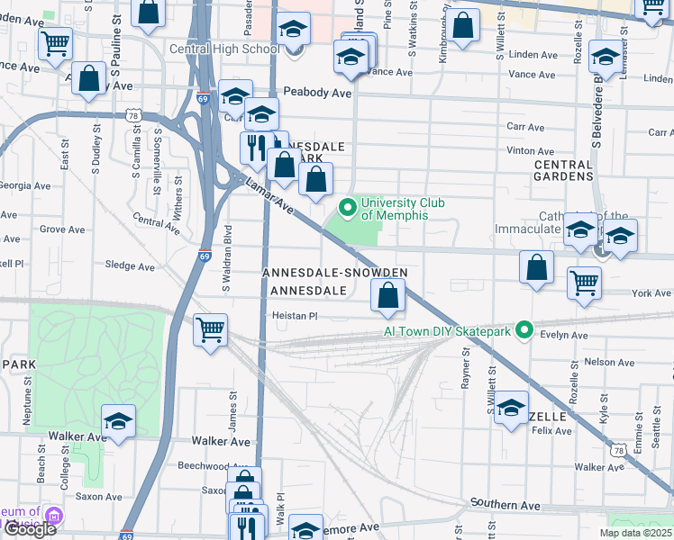 map of restaurants, bars, coffee shops, grocery stores, and more near 1325 Lamar Avenue in Memphis