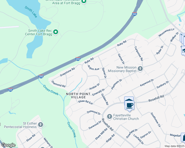map of restaurants, bars, coffee shops, grocery stores, and more near 754 Amber Drive in Fayetteville