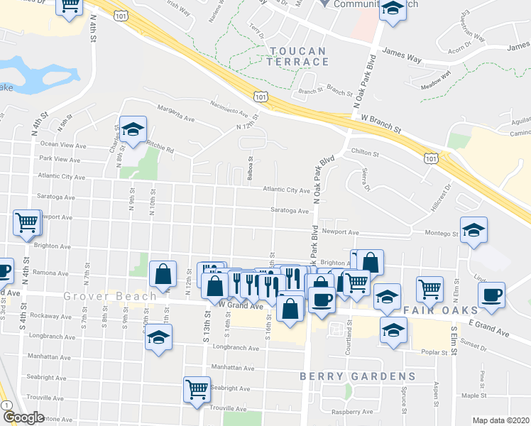map of restaurants, bars, coffee shops, grocery stores, and more near 1556 Saratoga Avenue in Grover Beach