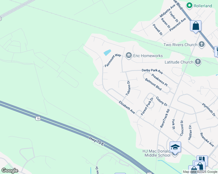 map of restaurants, bars, coffee shops, grocery stores, and more near 107 Buckskin Drive in New Bern
