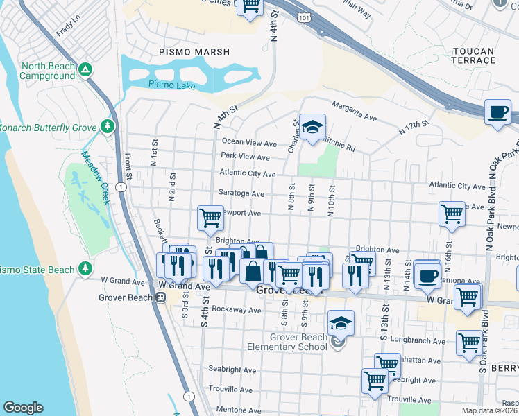 map of restaurants, bars, coffee shops, grocery stores, and more near 679 Newport Avenue in Grover Beach