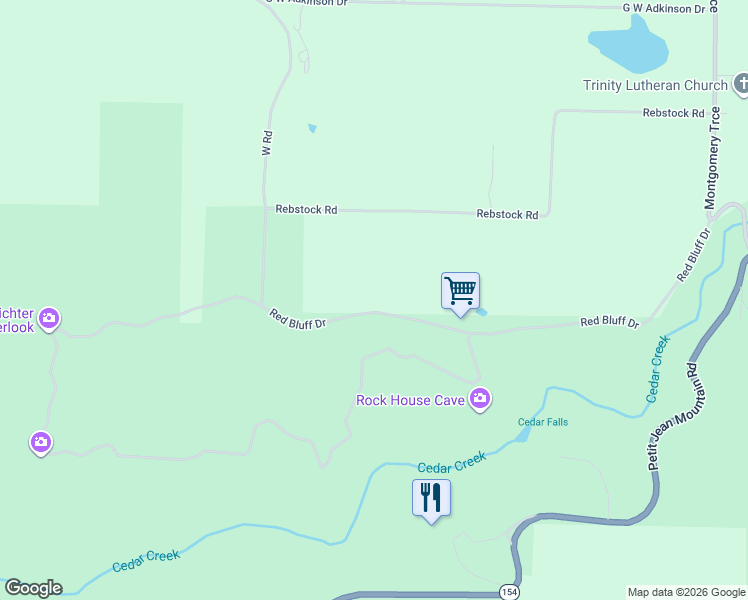 map of restaurants, bars, coffee shops, grocery stores, and more near 655 Red Bluff Drive in Morrilton