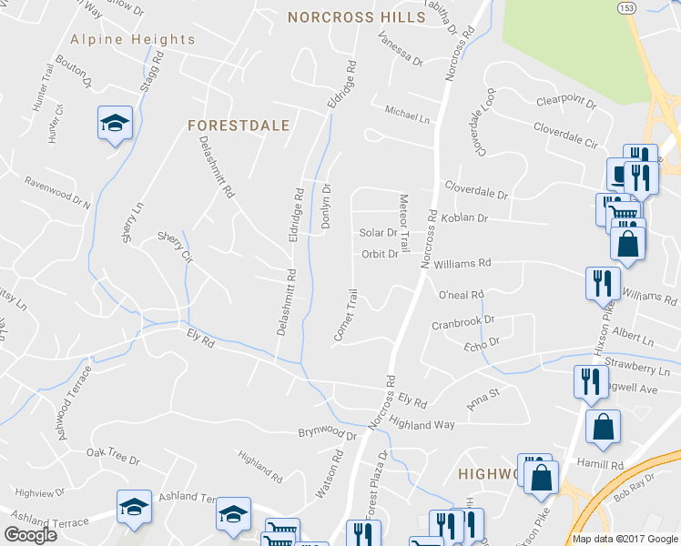 map of restaurants, bars, coffee shops, grocery stores, and more near 4403 Comet Trail in Chattanooga