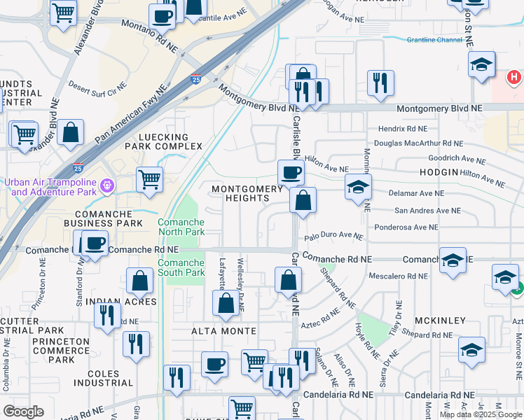 map of restaurants, bars, coffee shops, grocery stores, and more near 3900 Tulane Drive Northeast in Albuquerque