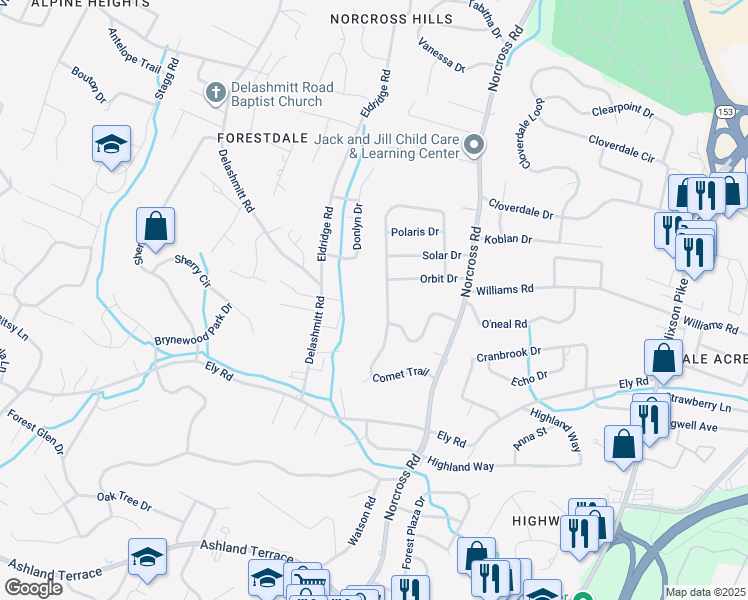 map of restaurants, bars, coffee shops, grocery stores, and more near 4403 Comet Trail in Chattanooga