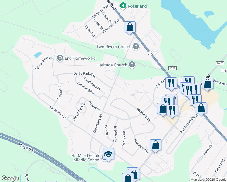 map of restaurants, bars, coffee shops, grocery stores, and more near 3005 Onslow Court in New Bern