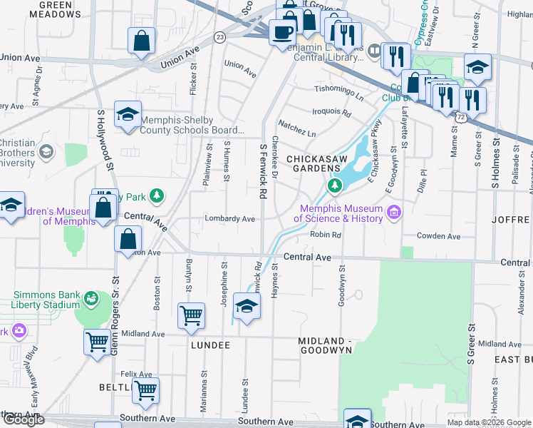 map of restaurants, bars, coffee shops, grocery stores, and more near 241 Lombardy Road in Memphis