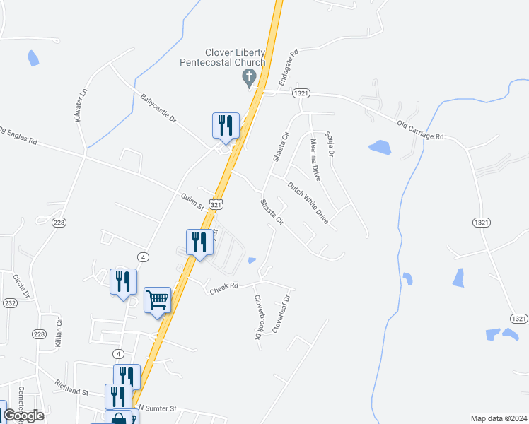 map of restaurants, bars, coffee shops, grocery stores, and more near 4034 Shasta Circle in Clover