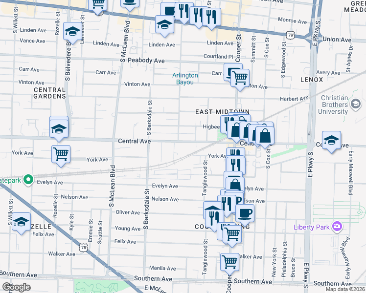 map of restaurants, bars, coffee shops, grocery stores, and more near 2001 Central Avenue in Memphis
