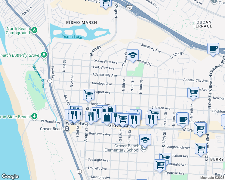 map of restaurants, bars, coffee shops, grocery stores, and more near 679 Newport Avenue in Grover Beach