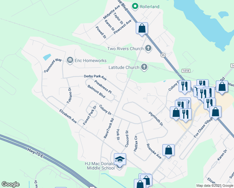map of restaurants, bars, coffee shops, grocery stores, and more near 3406 Preakness Place in New Bern