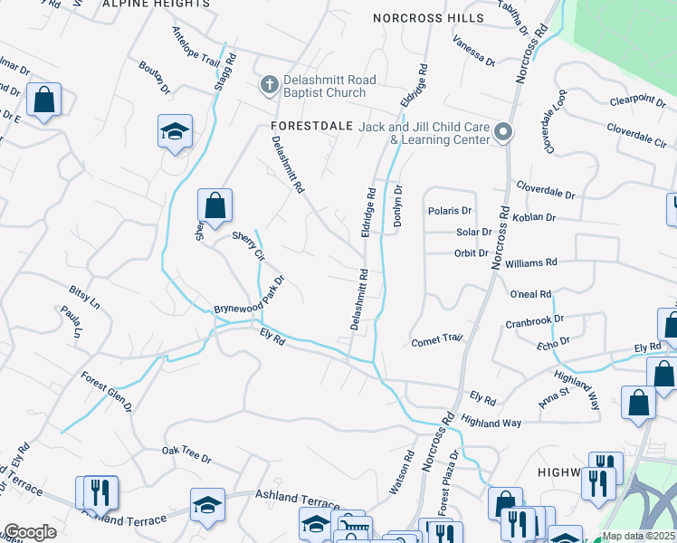 map of restaurants, bars, coffee shops, grocery stores, and more near 407 Bardwood Lane in Chattanooga