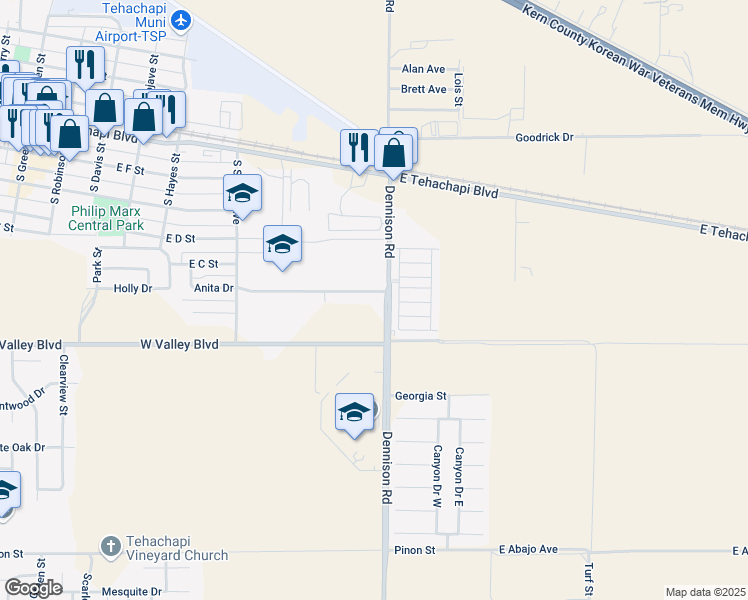 map of restaurants, bars, coffee shops, grocery stores, and more near 816 Anita Drive in Tehachapi