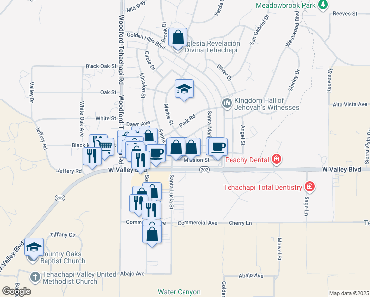map of restaurants, bars, coffee shops, grocery stores, and more near 21059 Santa Barbara Drive in Tehachapi