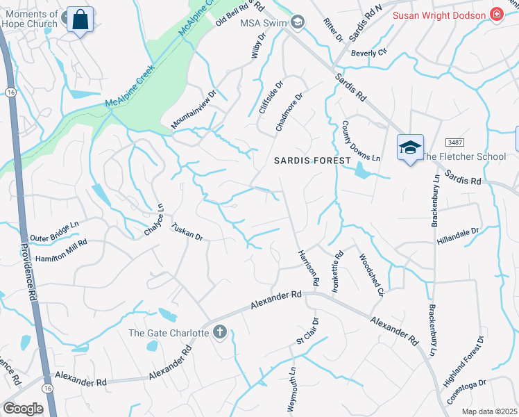 map of restaurants, bars, coffee shops, grocery stores, and more near 7327 Willow Creek Drive in Charlotte