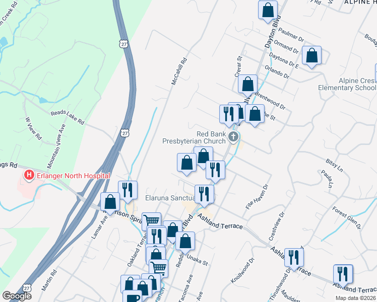 map of restaurants, bars, coffee shops, grocery stores, and more near 4301 Oakland Terrace North in Red Bank
