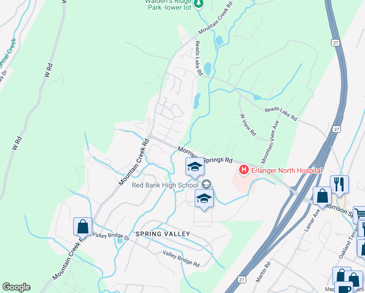 map of restaurants, bars, coffee shops, grocery stores, and more near 641 Morrison Springs Road in Chattanooga