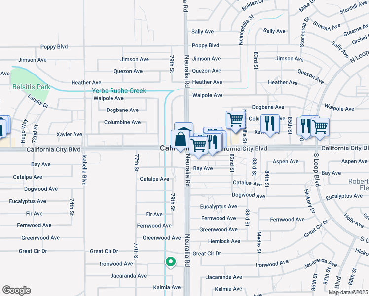 map of restaurants, bars, coffee shops, grocery stores, and more near 8560 Lime Avenue in California City