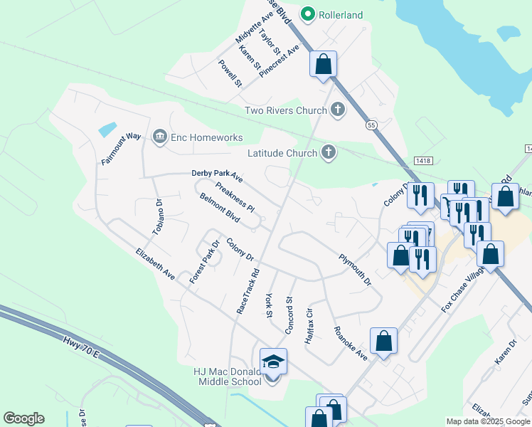 map of restaurants, bars, coffee shops, grocery stores, and more near 3406 Preakness Place in New Bern