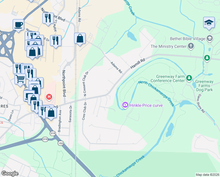 map of restaurants, bars, coffee shops, grocery stores, and more near 2412 Hamill Road in Chattanooga