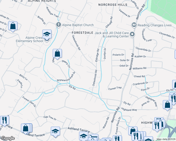 map of restaurants, bars, coffee shops, grocery stores, and more near 406 Bardwood Lane in Chattanooga