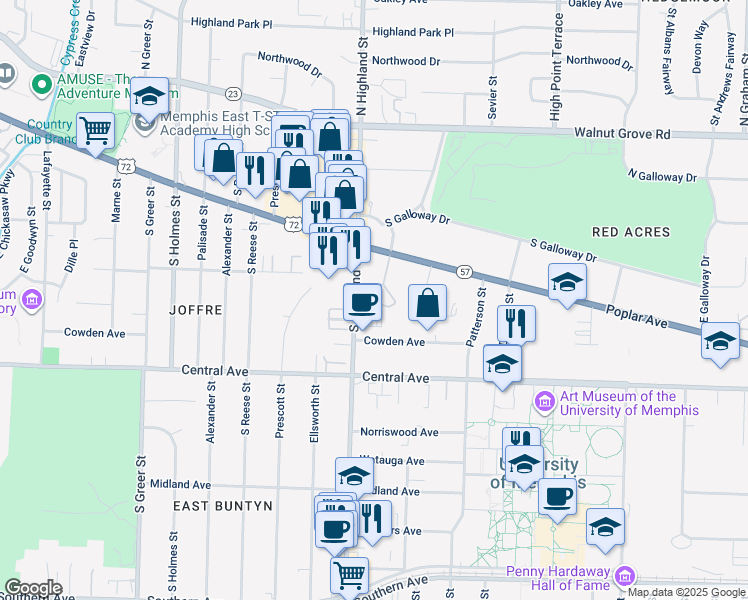 map of restaurants, bars, coffee shops, grocery stores, and more near 200 Windover Road in Memphis