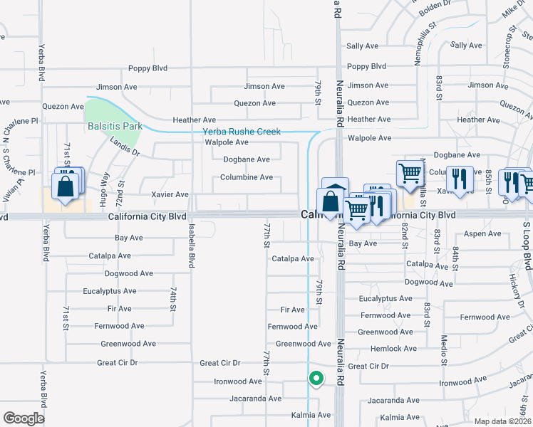 map of restaurants, bars, coffee shops, grocery stores, and more near 7727 California City Boulevard in California City
